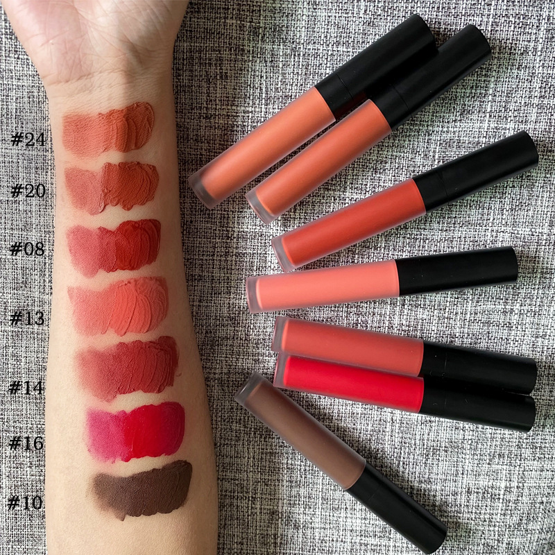 ผู้หญิงแฟชั่นมังสวิรัติ 24 สีรงควัตถุสูงเครื่องสำอางกันน้ำ Matte Liquid ลิปสติก